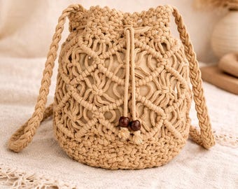 Boho Macrame Bucket Bag, Handmade Crossbody Bag, Summer Woven Purse, Drawstring Mini Bag, Beach Festival Bag, Gift for Her