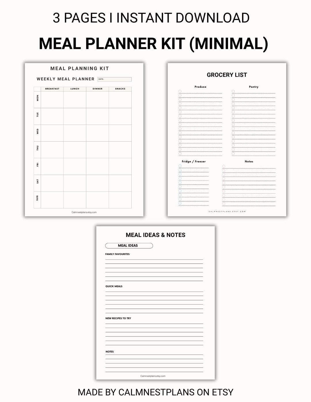 Weekly Meal Planner Printable | Minimalist Grocery List (PDF Download ...
