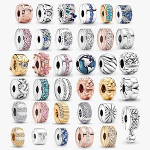 Può includere: Una collezione di charm bead in argento, oro e oro rosa con vari design. Alcune perline presentano pietre preziose, motivi floreali e dettagli intricati. I charm sono progettati per essere aggiunti a un braccialetto.