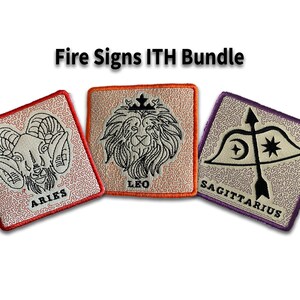 May include: Three embroidered patches featuring the fire signs of the zodiac: Aries, Leo, and Sagittarius. Each patch has a unique design with the sign's symbol and name. The Aries patch is red, the Leo patch is orange, and the Sagittarius patch is purple.