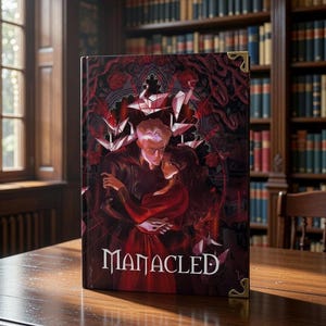 May include: A hardback book titled "Manacled" with a dark red and black cover depicting a couple embracing. The cover art includes gothic architectural elements and floral designs. The book has gold corner protectors and is on a wooden table.