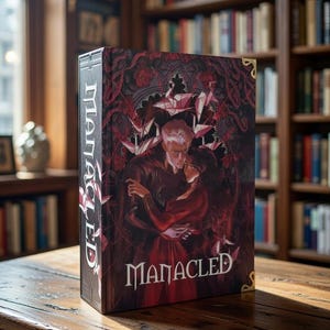 May include: A hardback book titled "Manacled" is displayed on a wooden table. The cover showcases a dark, romantic illustration in red and black, with two figures embracing. The spine shows the title vertically. A library forms the backdrop.
