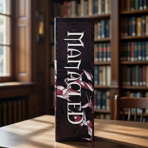May include: A rectangular box with the word "Malacled" in white, stylized lettering. The box has a dark burgundy background with geometric shapes in white and pink. The box is on a wooden table in front of a bookshelf.