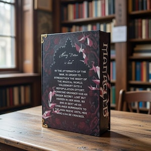 May include: A hardback book with the title "Harry Potter is dead" on the cover. The book features a dark background with burgundy floral and geometric designs, and gold accents. The spine reads "MACLED".