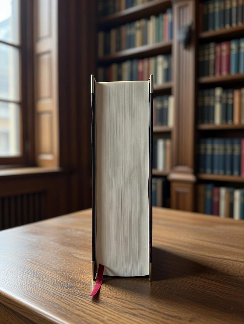 May include: A large hardback book with cream-coloured pages, a black spine, and gold-coloured metal corners. A red ribbon bookmark is inserted. The book is on a wooden table in front of a bookshelf.