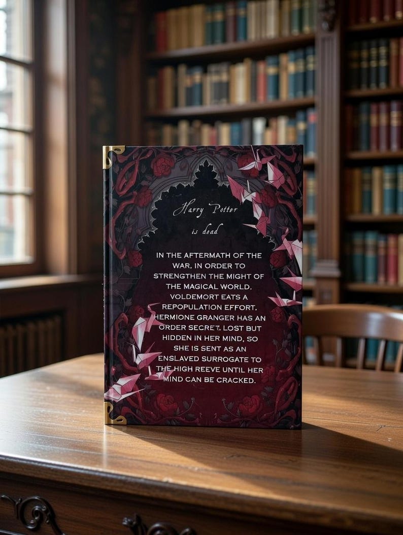 May include: A hardback book titled "Harry Potter is dead" with a dark red cover featuring floral and geometric patterns, and gold corner detailing. The book rests on a wooden table, set against a library backdrop.