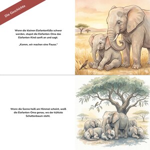 Two panels from a children book featuring German text and watercolor illustrations of elephants interacting in a grassy landscape and under a tree.