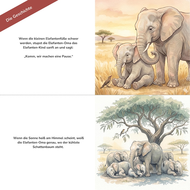 Two panels from a children book featuring German text and watercolor illustrations of elephants interacting in a grassy landscape and under a tree.