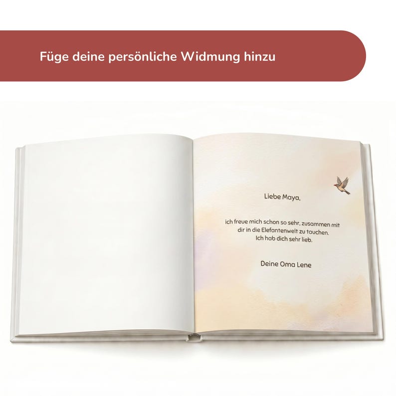 An open children book with a blank page on the left and a personalized dedication page with text and a small bird illustration on the right.