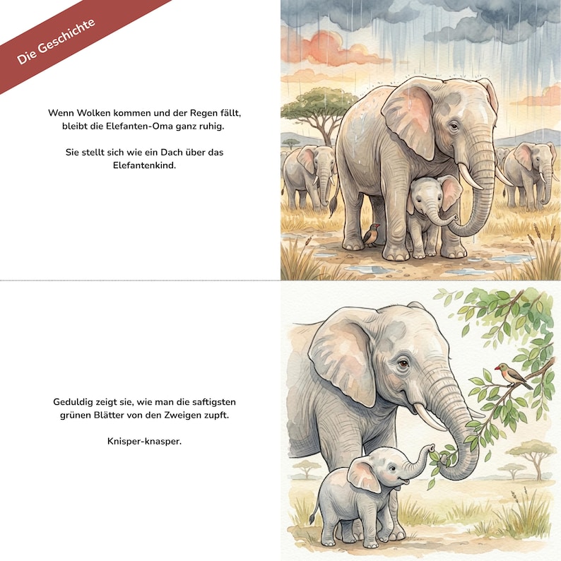 Two panels from a children book showing German text alongside watercolor illustrations of elephants in the rain and eating leaves from a tree.