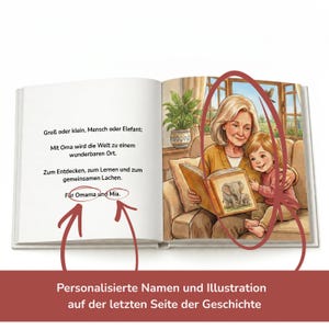 An open children book displaying a page with German text on the left and an illustration of a grandmother and child reading on the right.