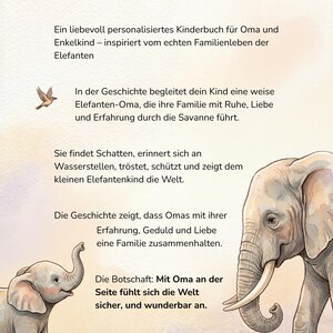 A page from a children book featuring German text alongside watercolor illustrations of an adult elephant and a baby elephant.