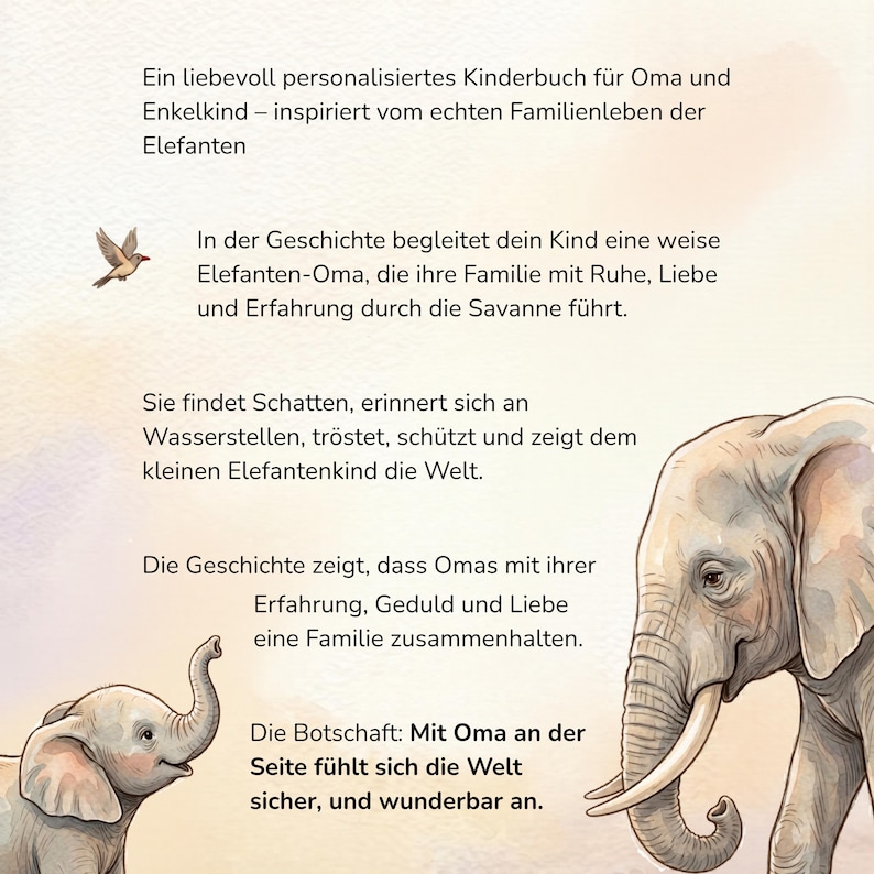 A page from a children book featuring German text alongside watercolor illustrations of an adult elephant and a baby elephant.