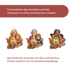 Three examples of personalized book cover illustrations showing a grandmother and a child with different hair colors and skin tones reading together.