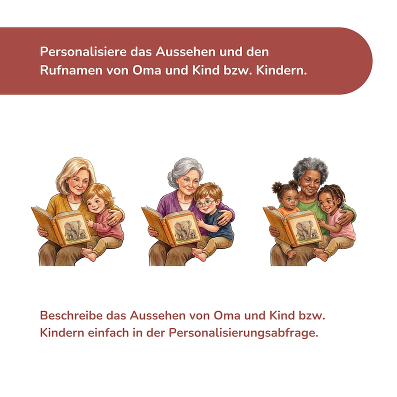 Three examples of personalized book cover illustrations showing a grandmother and a child with different hair colors and skin tones reading together.