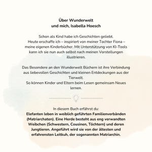 German text on a beige watercolor background describing the author and the book contents.