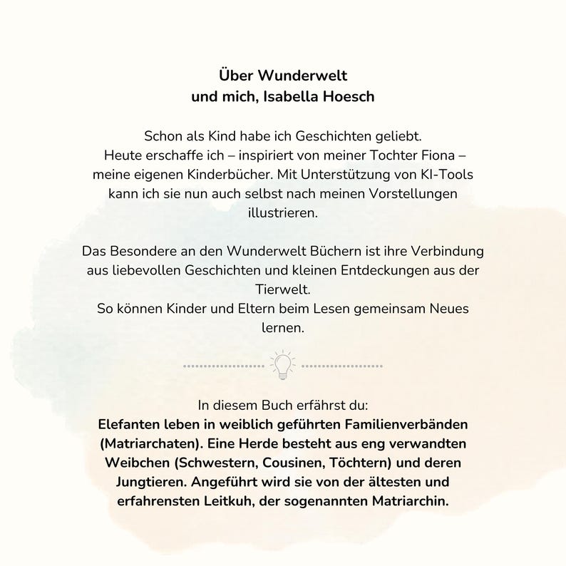 German text on a beige watercolor background describing the author and the book contents.