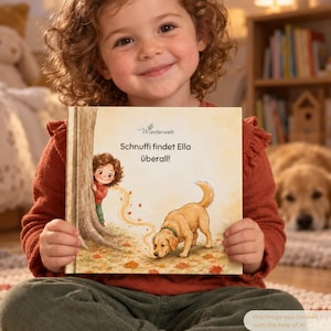 Personalisiertes Kinderbuch mit Hund 'HUNDENAME findet NAME überall'  – Name des Kindes und Hundes, 2–4 Jahre