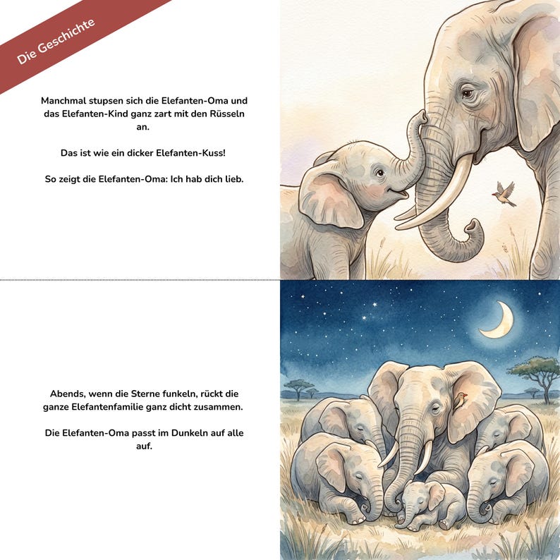 Two split-panel illustrations showing watercolor elephants with German text on the left sides.