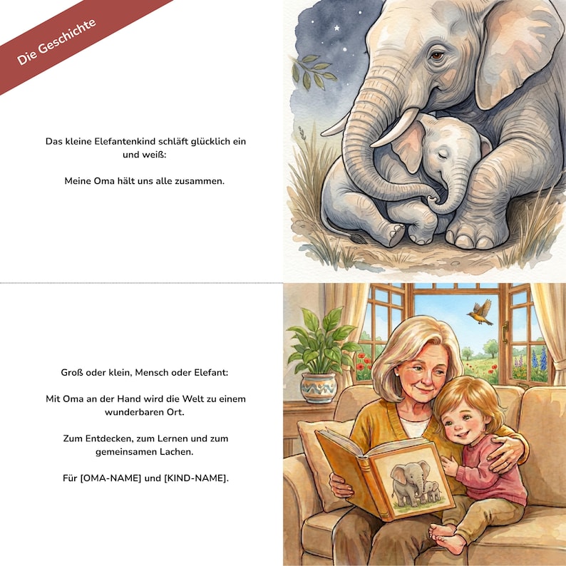 Two split-panel illustrations showing watercolor elephants above and an older woman reading a book with a young child below.