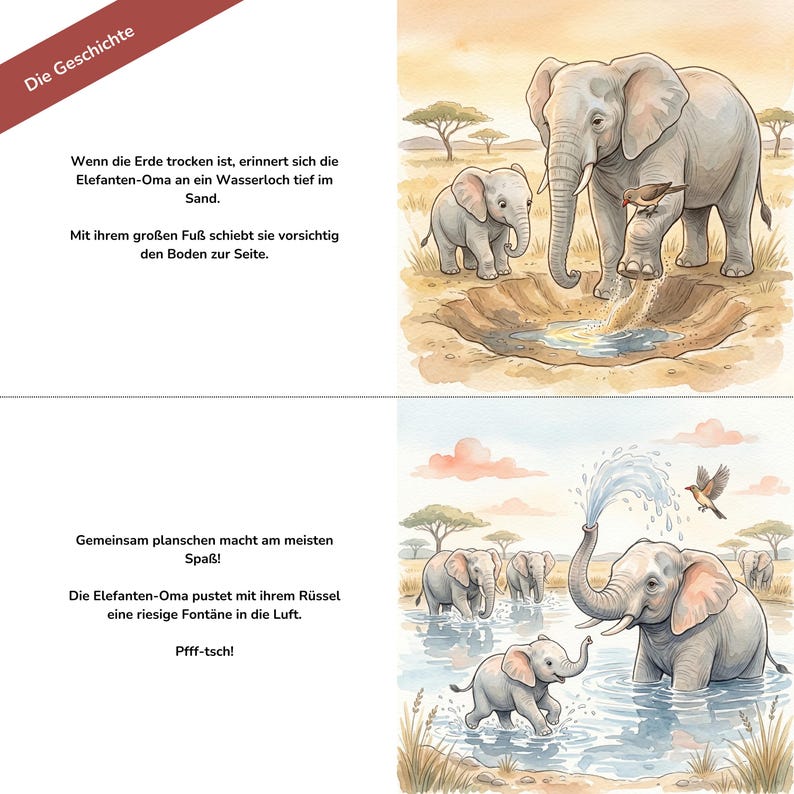 Two panels from a children book with German text and watercolor illustrations showing elephants at a watering hole and playing in water.