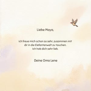 A close-up view of a personalized dedication page in a children book featuring German text and a flying bird illustration against a warm watercolor background.