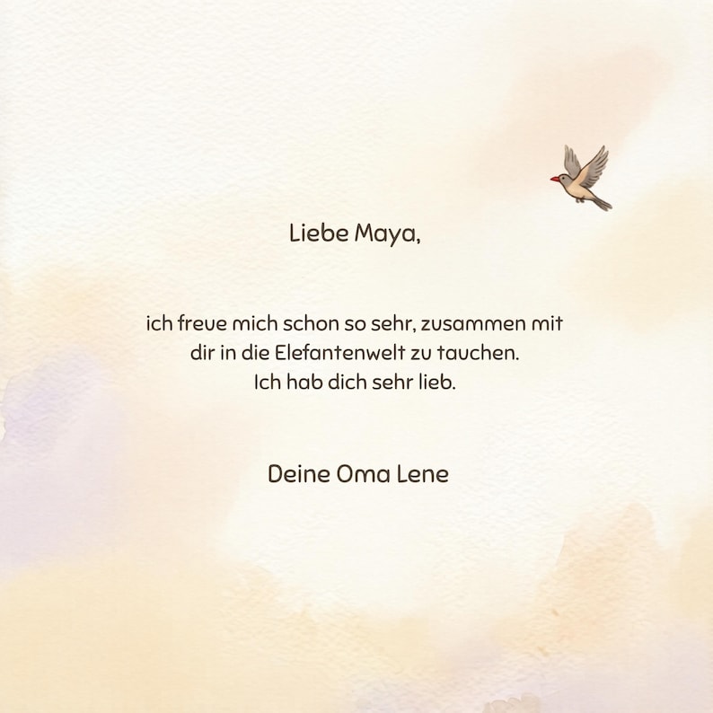 A close-up view of a personalized dedication page in a children book featuring German text and a flying bird illustration against a warm watercolor background.