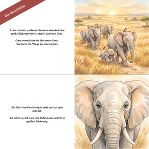 Two panels from a children book featuring German text paired with watercolor illustrations of a herd of elephants walking in the savanna.