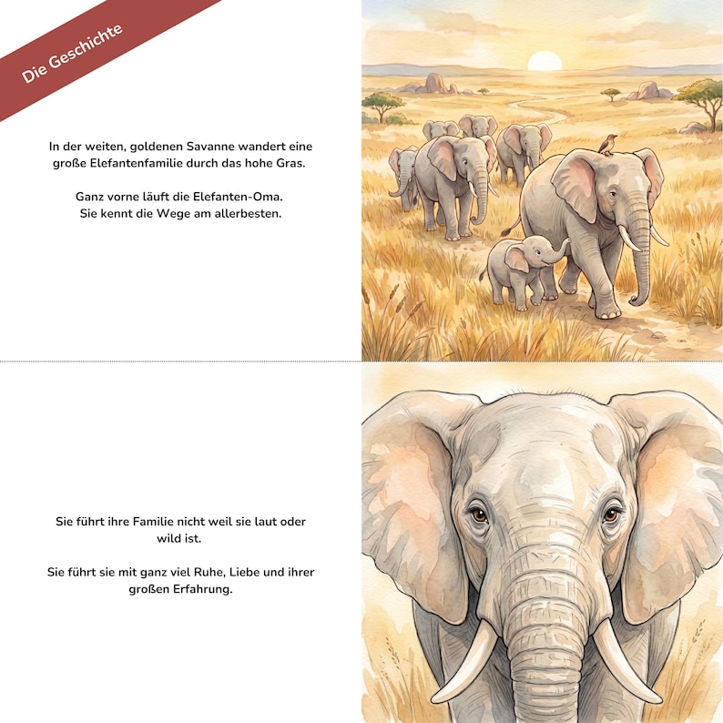Two panels from a children book featuring German text paired with watercolor illustrations of a herd of elephants walking in the savanna.