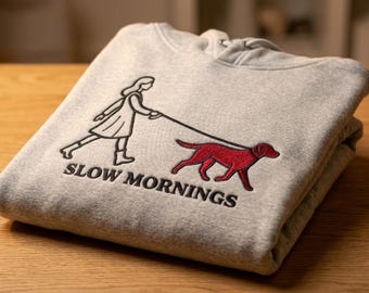 Embroidered dog walking Hoodie | minimalist line art, red dog
