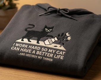 Cat Lover Embroidered Hoodie | Winter Cat Illustration, Maroon Pullover