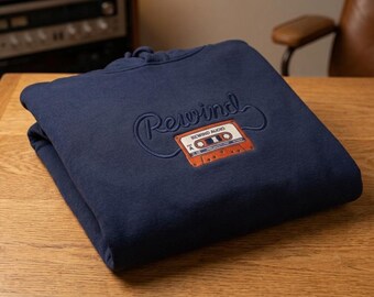 Rewind Cassette Embroidered Hoodie | Retro Tape Player Graphic Sweatshirt