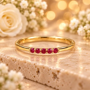 Ruby Red CZ Ring, Five Stone Band, Dainty Red Wedding Ring, 925 Sterling Silver Stackable Anniversary Band, Christmas Gift for her