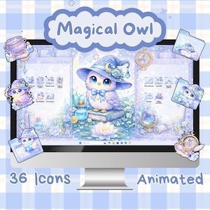 以下が含まれることがあります： コンピューターモニターには、「Magical Owl」というタイトルの気まぐれなデスクトップテーマが表示されています。 このテーマは、魔女の帽子をかぶった漫画のフクロウを特徴とし、青と紫の色合いのアイコンとアニメーション要素に囲まれています。 「36 Icons」と「Animated」というテキストも表示されています。