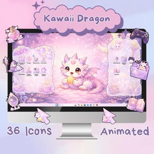 Puede incluir: Un monitor de computadora muestra un tema de Kawaii Dragon. La pantalla presenta un lindo dragón animado sosteniendo una estrella, rodeado de 36 iconos y elementos decorativos en tonos de rosa y morado. También se muestran las palabras "Kawaii Dragon" y "Animated".
