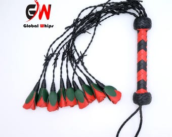 Rose Leather Flogger Whip – Handmade BDSM Flogger, Fetish Whip, Sensory Play Toy, Red Rose Leather Whip, Bondage Accessory, Adult Gift