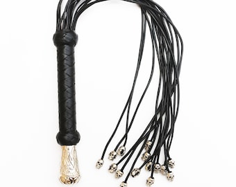Black Leather Flogger with Steel Studs, 15 Tail Cowhide Whip, Heavy Duty Spanking Flogger