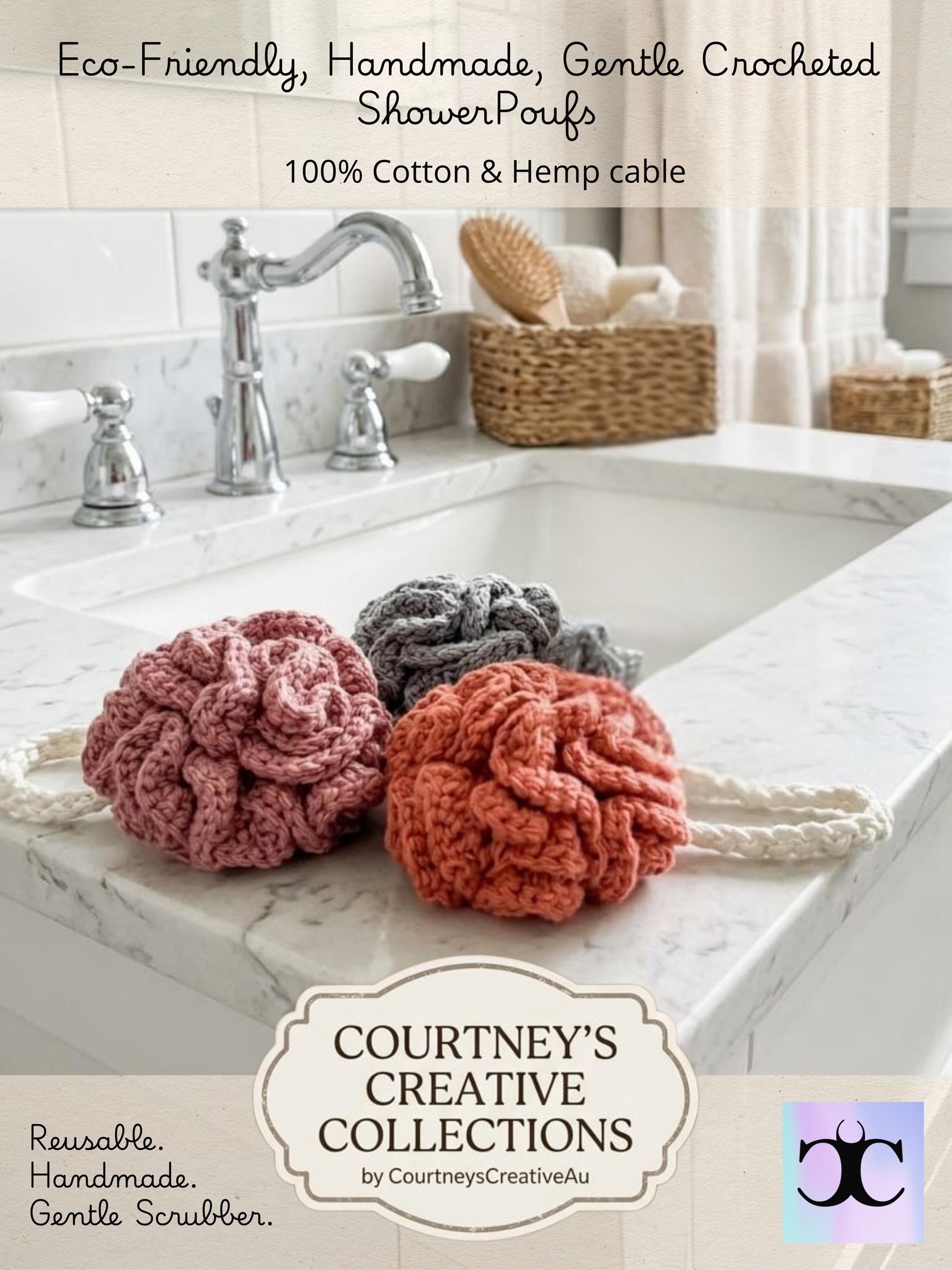 Crocheted Cotton with Hemp Cable Shower Poufs - Handmade, Eco-Friendly Bath Accessory