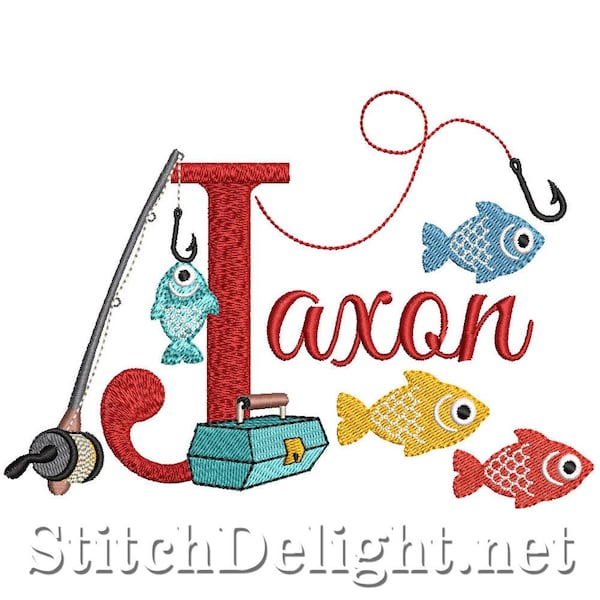 Fishing Theme Name Art: Jaxon, Personalized Embroidery Design (4x4 or 5x7 Hoop)