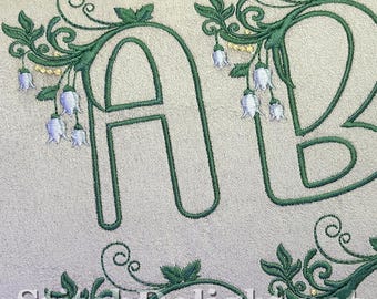 Police de broderie alphabet monogramme Lily of the Valley | Initiales florales botaniques