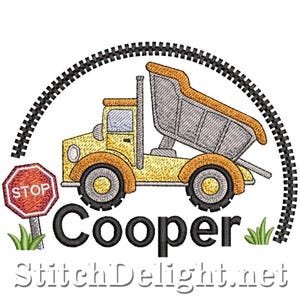 May include: Embroidered design featuring a yellow and orange dump truck with the name "Cooper" in black. A red "STOP" sign and a black zipper-like arc frame the truck. Green grass accents the design.