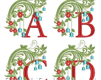Alphabet floral bleu Bell police 2 tailles, cerceaux de 4 x 4 et 5 x 7 pouces.