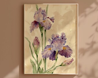 Purple Irises Botanical Watercolor Print | Floral Home Decor | Flower wall art | Bearded Iris Artwork