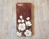 Hand painted white floral on faux wood iPhone 5 or 5s case