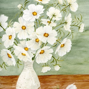 White Cosmos Still Life — Watercolor Print