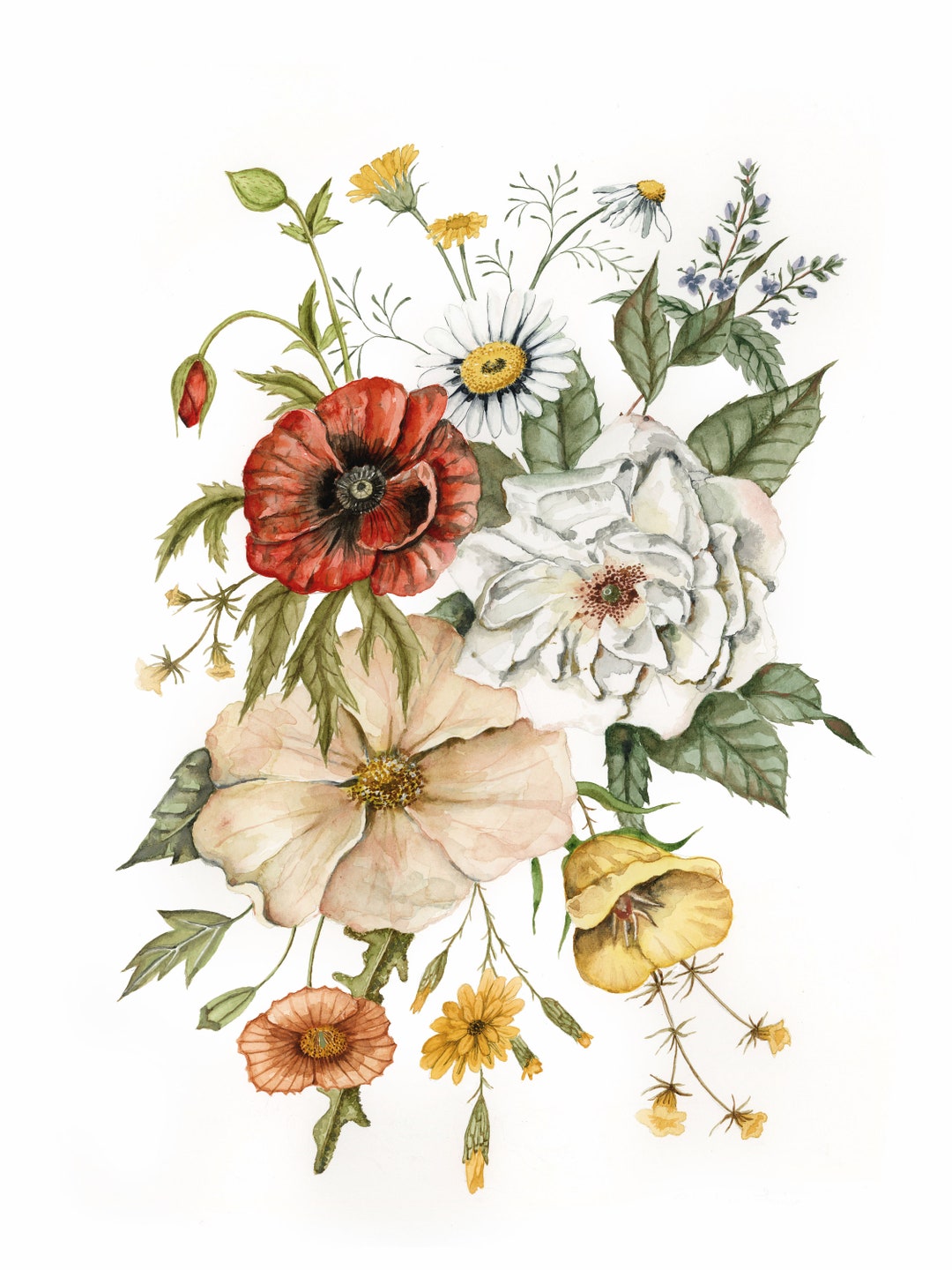 Wildflower Bouquet Watercolor Print Botanical Home Decor Poster Floral ...