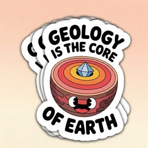 May include: A stack of stickers with a cartoon illustration of the Earth's core. The design features a cross-section of the Earth with layers of red, orange, and yellow, topped with a blue crystal. Text reads "GEOLOGY IS THE CORE OF EARTH."