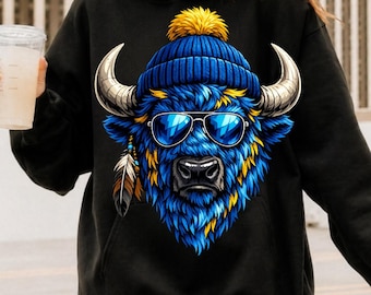 Blue Buffalo PNG: Hipster Bison Sunglasses Beanie Feather Clipart (Digital Download)