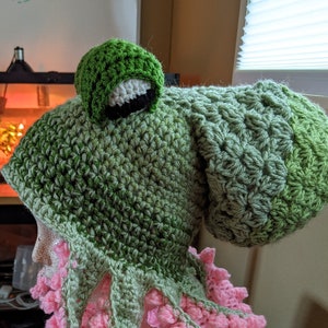 May include: A green and pink crocheted octopus hat with a green crocheted ball on top. The hat has a long, flowing mane of pink crocheted tentacles.