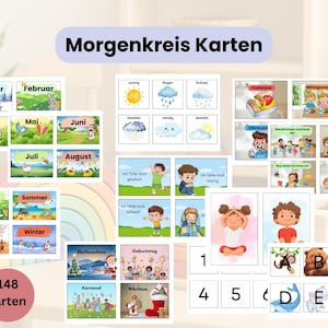 May include: A collection of educational flashcards with the text "Morgenkreis Karten." The cards feature illustrations of months, weather, emotions, daily routines, and the alphabet. The set includes 148 cards.